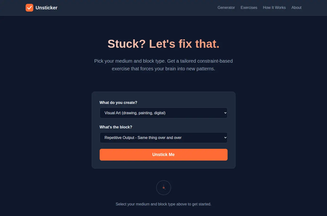 Screenshot of Creative Block Unsticker interface showing the project page in use